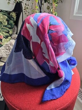 Yvette Montayne, Paris, Silk Scarf, Vintage, Blue Abstract, Hot Pink Flower